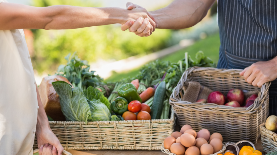 Es wird eine Einkaufssituation auf dem Land dargestellt. Zwei Hände schütteln sich über einem Gartentisch. Auf dem Tisch steht ein Korb Gemüse, ein Korb Eier und ein Korb Kartoffeln.  