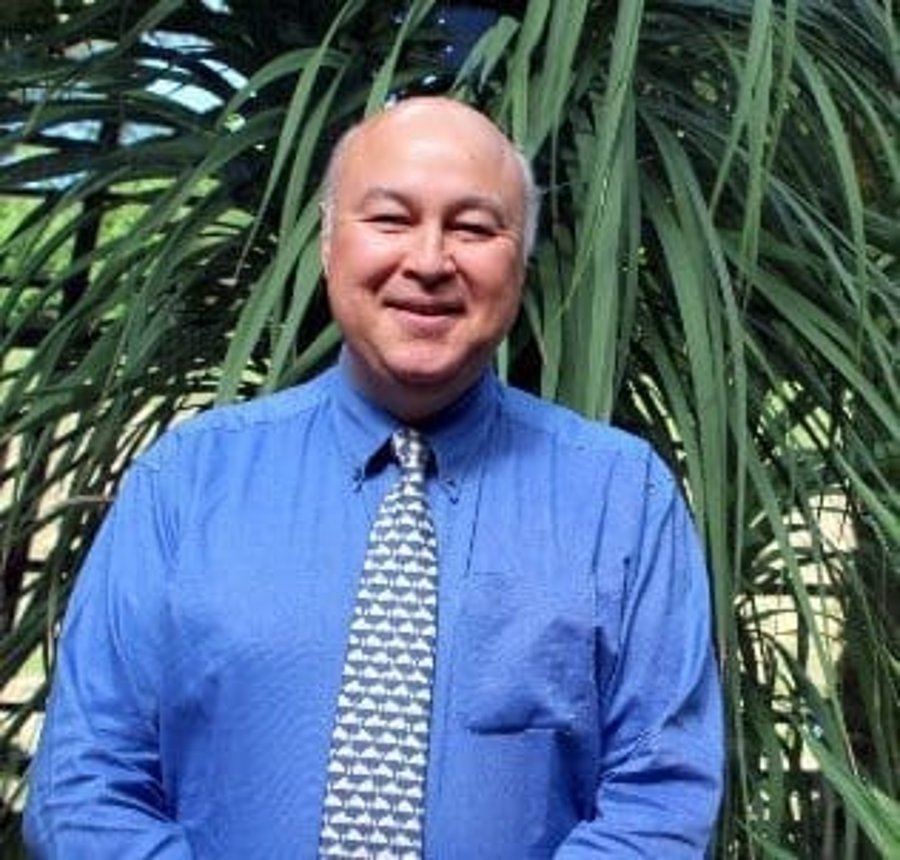 A photo of Paul Luu. It shows a smiling, balding man in his sixties, with grey hair. He wears a dark blue shirt and a tie. He stands in front of a plant with long dark green leaves. 