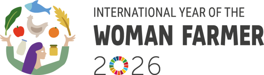 Die Bildwortmarke enthält auf der rechten Seite die Bezeichnung International Year of the Woman Farmer 2026. Links ist eine Frau mit langen violetten Haaren aufgemalt. Über ihren erhobenen Händen sind kreisförmig verschiedene farbig gemalte landwirtschaftliche Produkte angeordnet.
