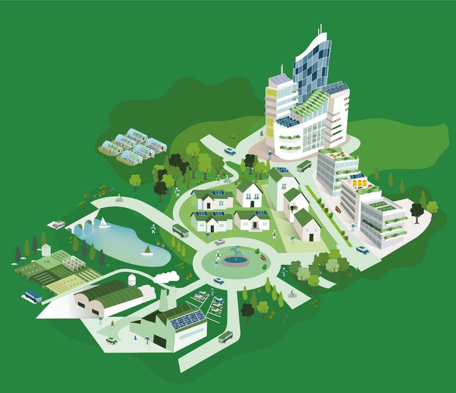 Zeichnung einer Stadt mit Hochhäusern, Einfamilienhäusern, Landwirtschaft und einer Fabrik eingebettet in eine grüne Landschaft mit Park und See.