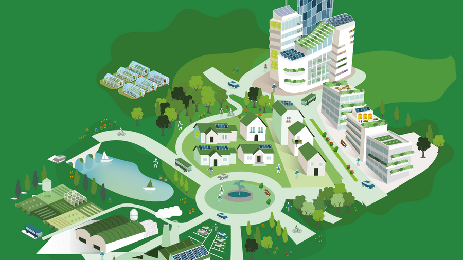 Zeichnung einer Stadt mit Hochhäusern, Einfamilienhäusern, Landwirtschaft und einer Fabrik eingebettet in eine grüne Landschaft mit Park und See.