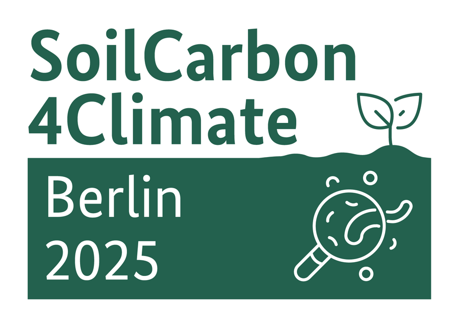 Logo of the “SoilCarbon4Climate” Conference. The upper half displays the title in bold, dark green letters on a white background. The lower half shows a stylized dark green soil cross-section. On the left, “Berlin 2025” is written in white within the soil. On the right, a single plant grows upward, while a white magnifying glass below it reveals a worm and various other soil organisms.
